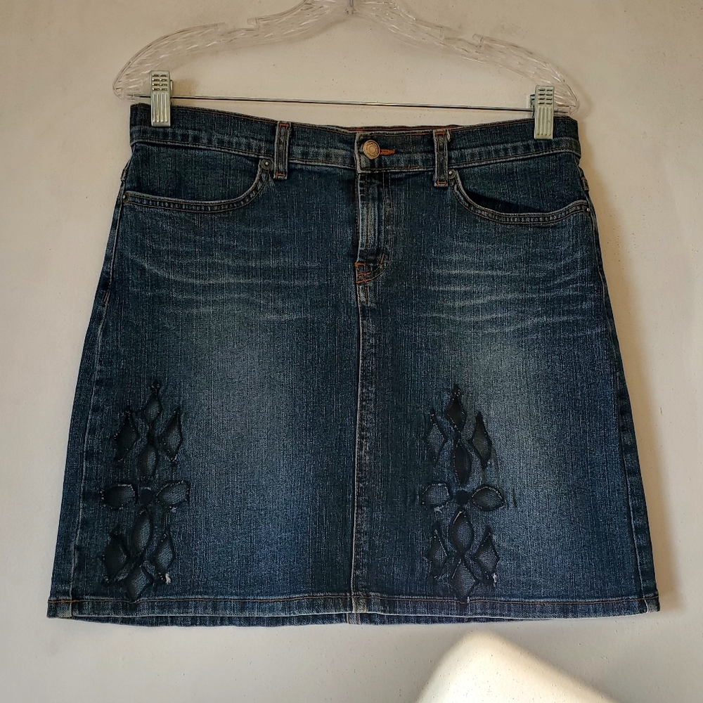 Blue Jean Denim Cotton Mini Skirt Cutouts On Front Size Large‎ Zipper Preowned